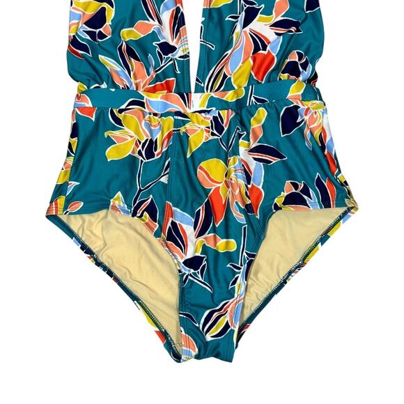 ModCloth Floral Halter Plunge Neck One Piece Swimsuit Medium Retro Blue - Picture 4 of 7